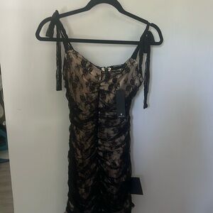 Lulus Be Mine Forever Black Floral Lace Ruched Bodycon Mini Dress Tie Strap L